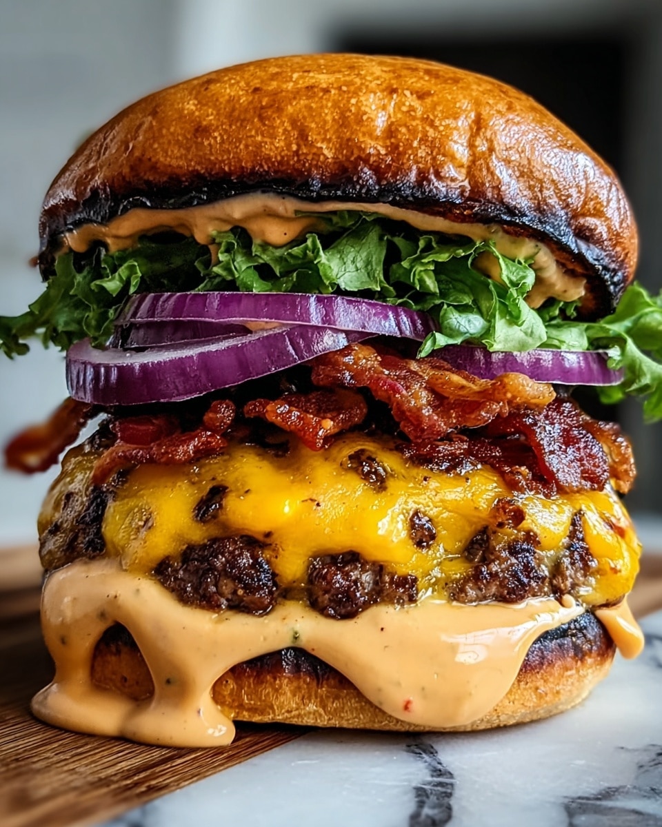 A close-up of a tall cheeseburger showing multiple layers. The bottom layer is a toasted soft bun covered with a creamy, light orange sauce that drips down the sides. Above this is a thick, juicy beef patty with a seared, slightly charred texture. On top of the patty, a bright yellow melted slice of cheddar cheese oozes over the edges. Above the cheese, there are crispy, browned bacon strips adding crunch. Next, thick rings of purple-red onion sit on the bacon, followed by fresh, leafy green lettuce. The top bun is shiny and golden brown, toasted black around the edge, with a similar creamy sauce spread underneath it that drips slightly. The burger is set against a white marbled surface. photo taken with an iphone --ar 4:5 --v 7