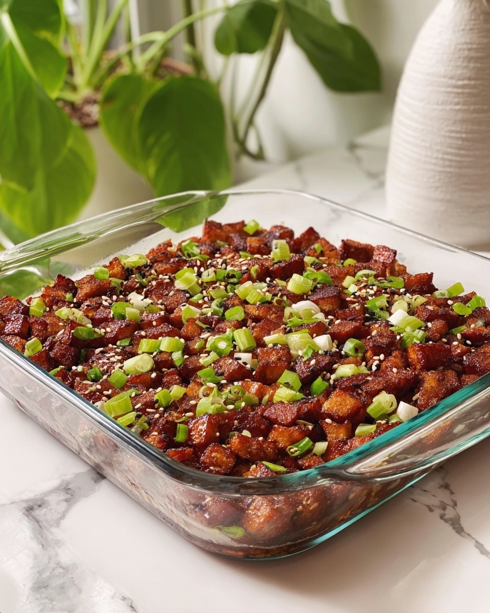 The image shows a clear glass baking dish filled with a single layer of small, browned, slightly crispy diced pieces that look like cooked meat or tofu. The top of the layer is sprinkled with light green chopped scallions and a few black sesame seeds, giving it a fresh touch. The dish sits on a white marbled surface, and in the background, there are green plants and a white vase that add a natural, cozy feel to the scene. Photo taken with an iphone --ar 4:5 --v 7