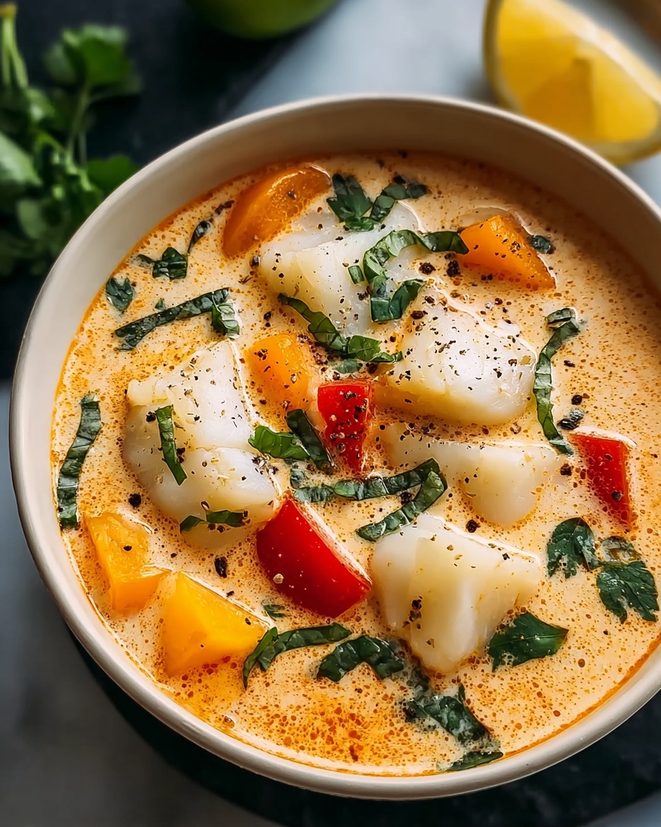 A close-up view of a bowl filled with creamy soup showing three main layers: a smooth light cream base with an orange tint, chunks of white fish with a firm texture scattered in the soup, and bright pieces of red and yellow vegetables spread throughout. Garnishing the top layer are fresh green herb leaves and a sprinkle of black pepper, giving a mix of sharp and fresh colors against the creamy background. The bowl is white and sits on a white marbled surface with part of a lemon slice and some green herbs visible nearby. Photo taken with an iphone --ar 4:5 --v 7