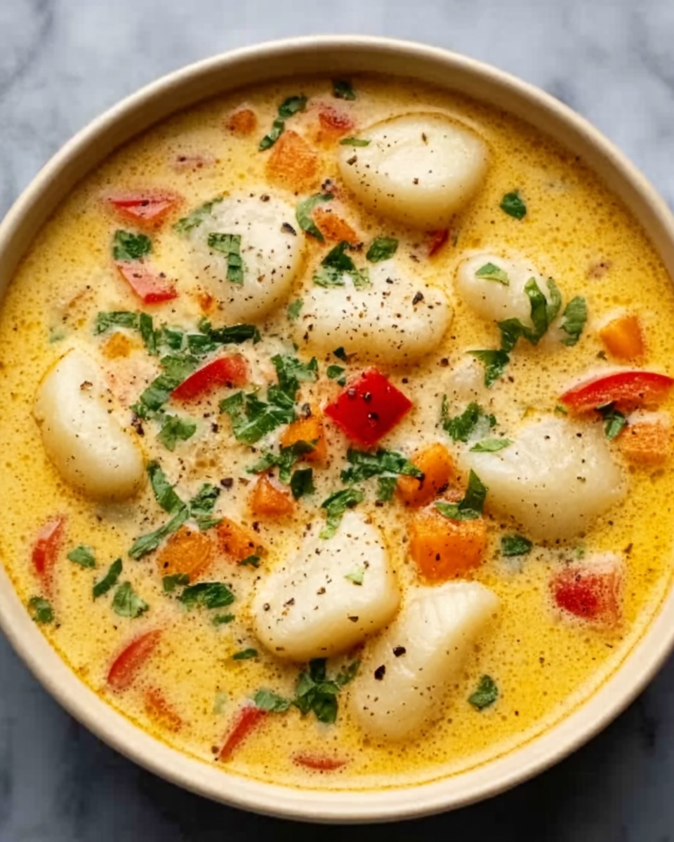 A white bowl filled with a creamy yellow soup that has a smooth texture, topped with several white pieces of gnocchi-like pasta. There are small chunks of red and orange bell peppers scattered throughout the soup, along with finely chopped green herbs sprinkled all over, adding color contrast. The surface of the soup looks thick and rich, with some black pepper specks visible. The bowl sits on a white marbled surface. Photo taken with an iphone --ar 4:5 --v 7