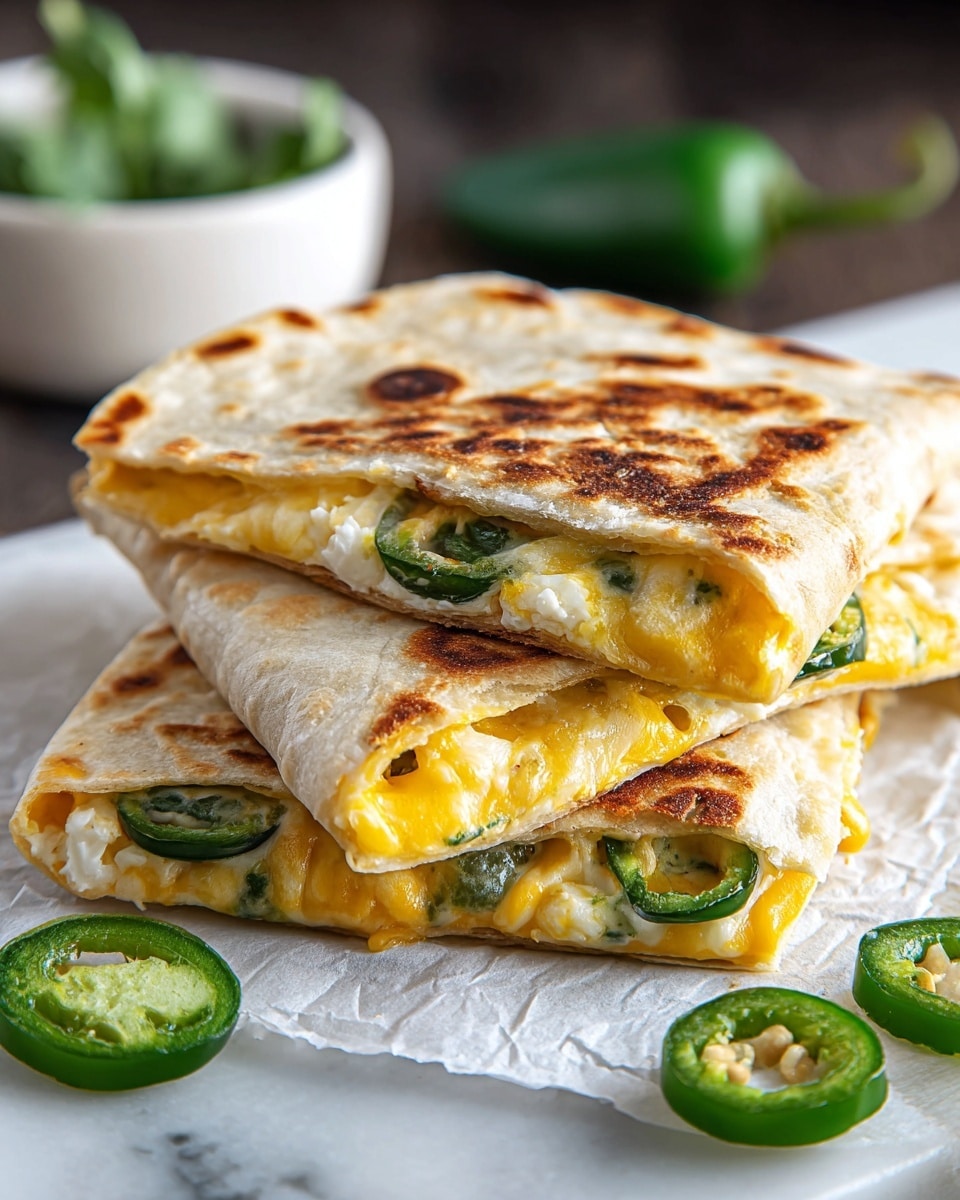The image shows two folded quesadilla slices stacked on top of each other on a piece of white parchment paper over a white marbled surface. Each quesadilla has a golden toasted outer layer with some dark brown spots. Inside, there are three visible layers: melted yellow cheese with a gooey texture, green slices of jalapeño peppers, and white melted cheese. A few jalapeño halves filled with white cheese are placed nearby. In the background, there is a small white bowl with green leaves. The photo taken with an iphone --ar 4:5 --v 7