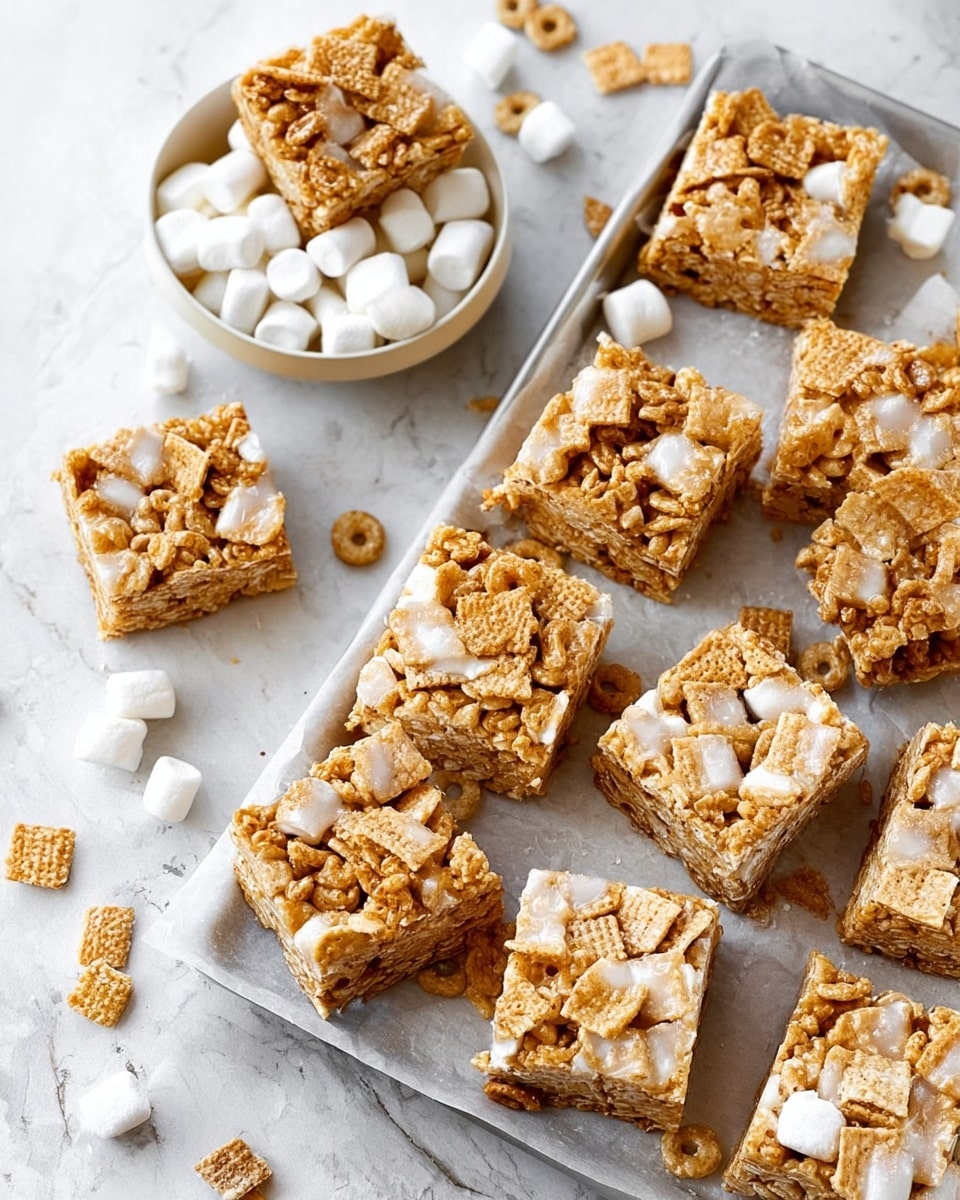 The image shows about thirteen square cereal treats placed on a baking tray lined with parchment paper, each treat having a thick layer made from light golden crispy cereal pieces mixed with melted marshmallows that create shiny white patches and sticky clusters. The cereal bits are light brown and tan, some larger square pieces mixed inside. On the side of the tray, there is a white bowl filled with more square cereal pieces and some marshmallows scattered around the tray on a white marbled surface. The treats look soft yet slightly crunchy with a glossy finish from the melted marshmallows. photo taken with an iphone --ar 4:5 --v 7