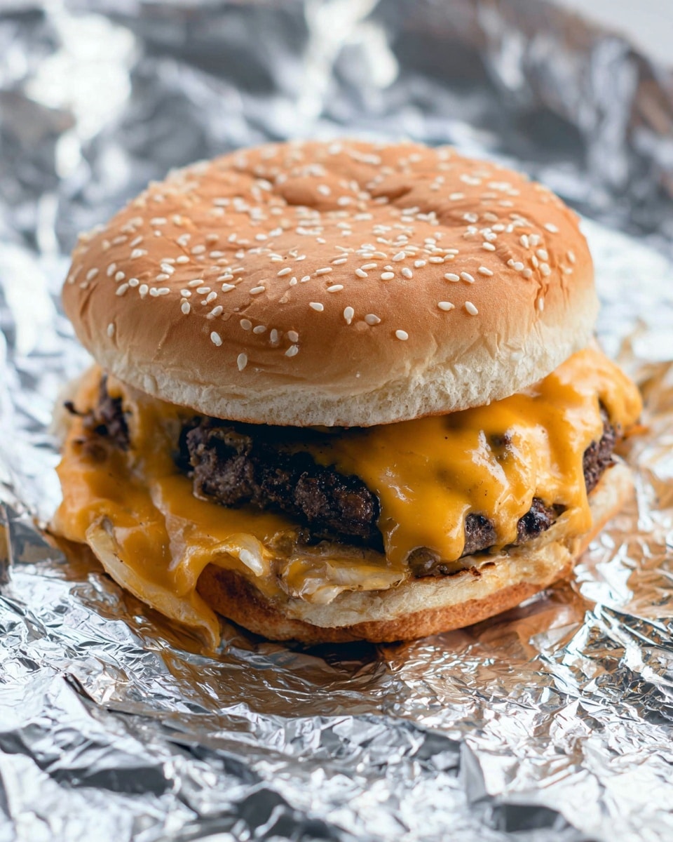 A close-up view of a cheeseburger resting on crumpled silver foil, showing a soft, golden-brown sesame seed bun on top. Beneath the bun is a thick, dark grilled beef patty covered with melted bright orange cheddar cheese that drips slightly down the sides. The bottom bun is toasted and also has melted cheese visible around its edges. The texture of the foil underneath is shiny and crinkled, contrasting with the soft texture of the burger. The background and surface have a white marbled texture. photo taken with an iphone --ar 4:5 --v 7