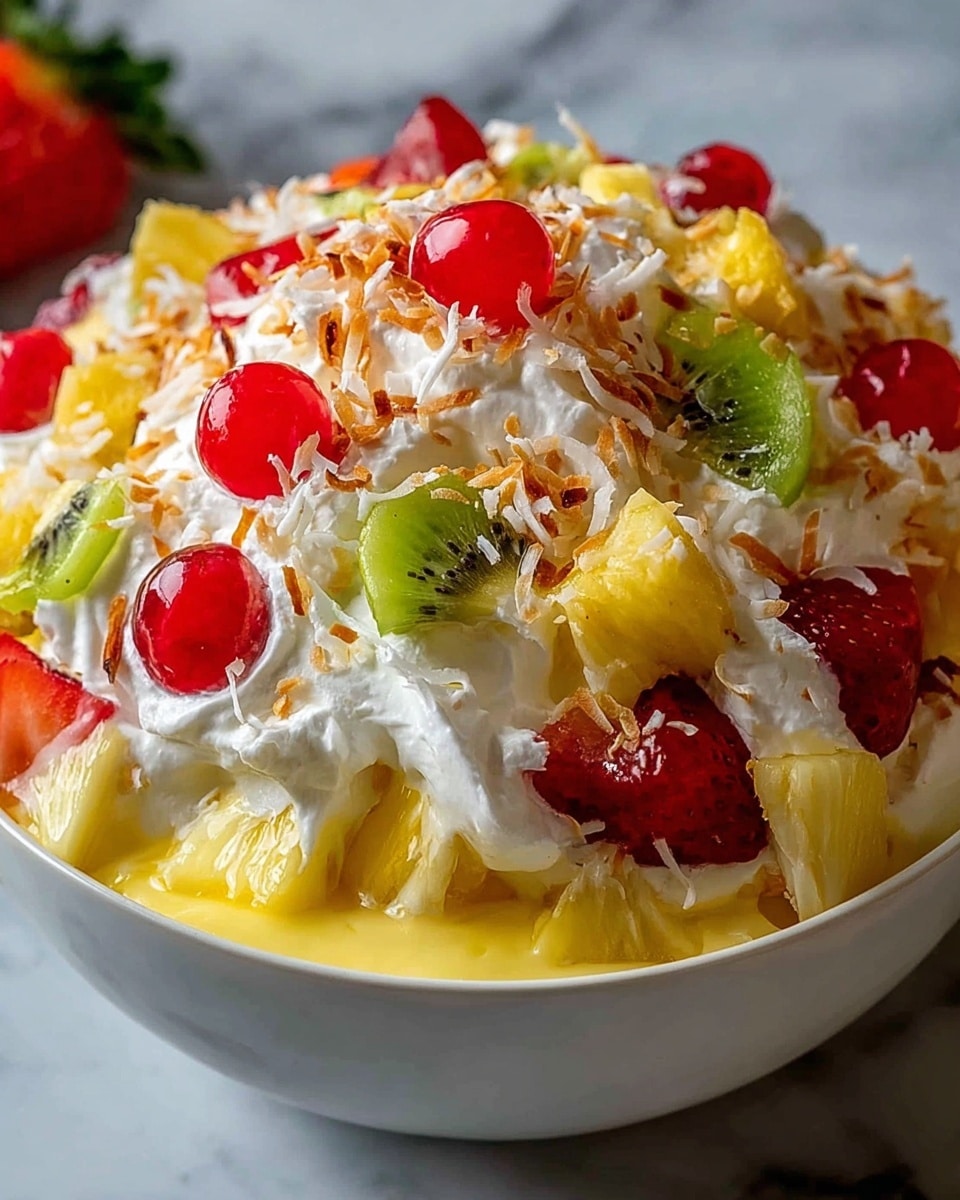A white bowl filled with a creamy dessert made of several layers. The bottom layer is a thick, smooth yellow pudding. On top of the pudding is a thick layer of whipped cream that looks soft and fluffy. Mixed into the whipped cream are bright red cherries, slices of green kiwi, red strawberries, and chunks of yellow pineapple. The dessert is sprinkled with toasted coconut flakes that add a golden brown touch. The bowl sits on a surface with a white marbled texture. The photo taken with an iphone --ar 4:5 --v 7