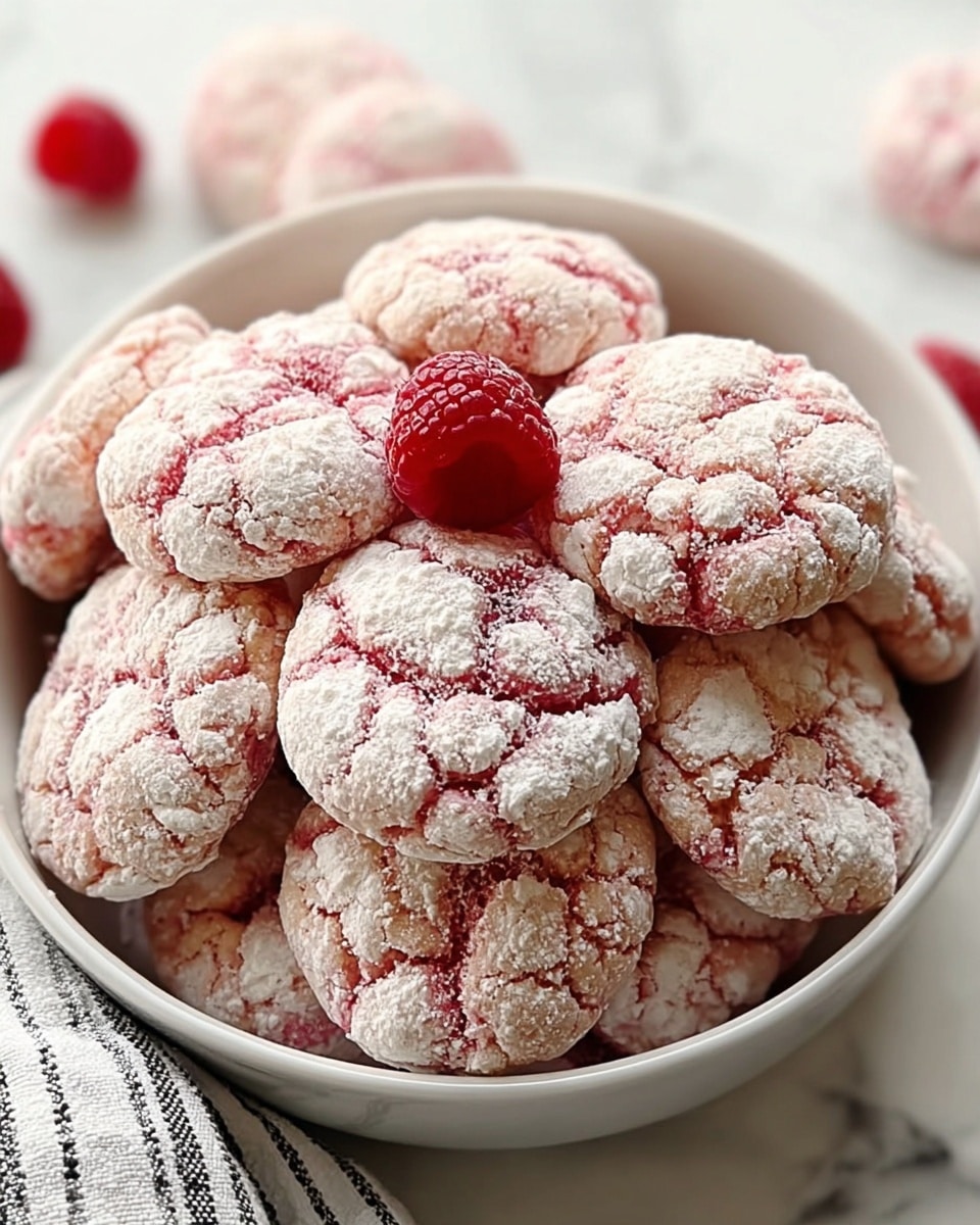 A white bowl filled with round cookies that have a cracked surface showing pinkish-red inside under a light dusting of white powdered sugar; the cookies are stacked in several uneven layers with one fresh raspberry placed in the middle of the bowl, all set on a white marbled textured surface with a hint of a striped cloth nearby. photo taken with an iphone --ar 4:5 --v 7