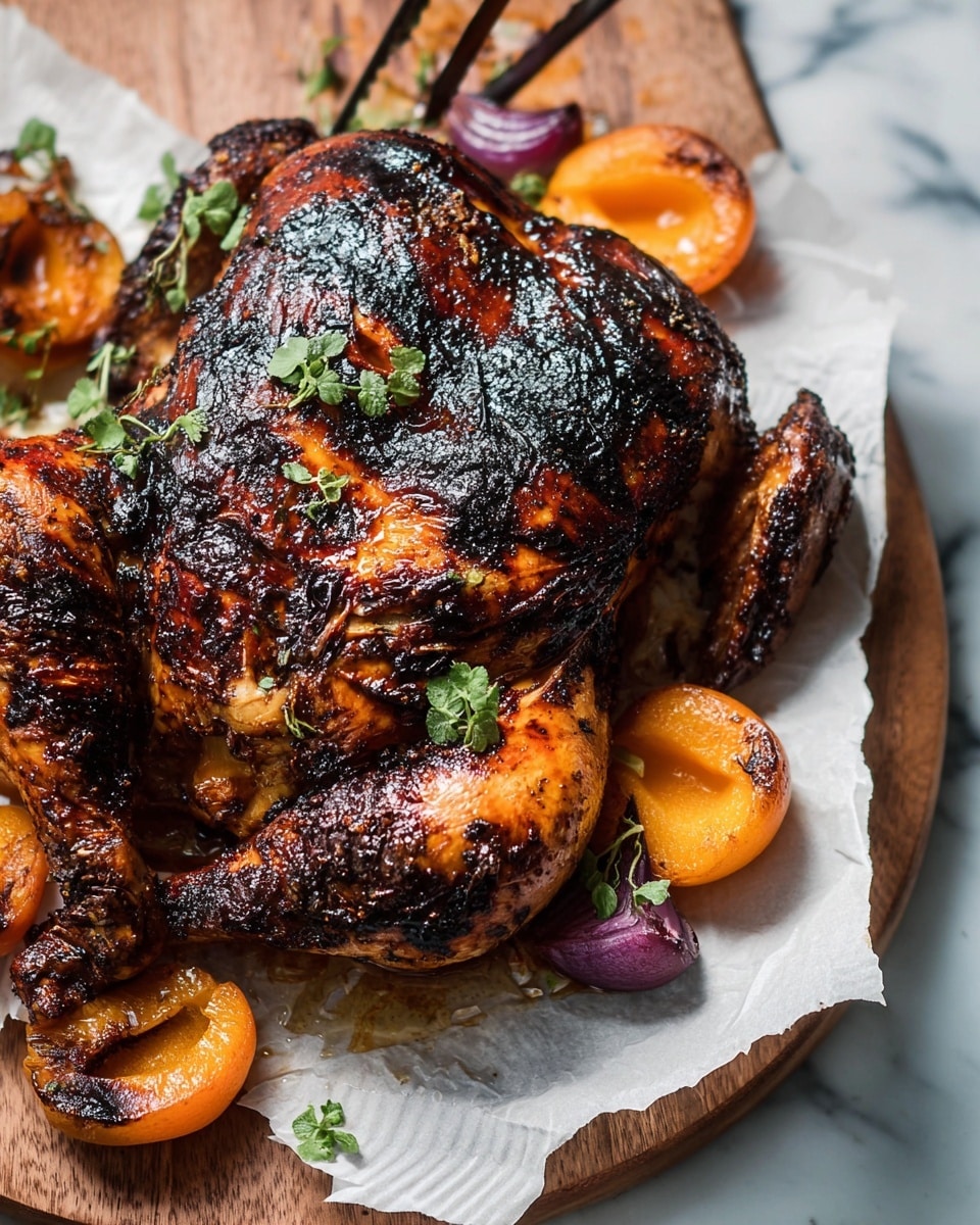A whole grilled chicken is placed on white paper on a wooden board. The chicken has a charred outer skin with dark brown and black grill marks and a glossy texture, showing it is well-cooked and juicy. Around the chicken, there are bright orange grilled apricot halves and a few pieces of purple shallot, giving pops of color. Small green herb leaves are scattered on top of the chicken and the surrounding fruit. A woman’s hand with grill tongs is holding the edge of the board. The scene is set on a white marbled textured surface. photo taken with an iphone --ar 4:5 --v 7
