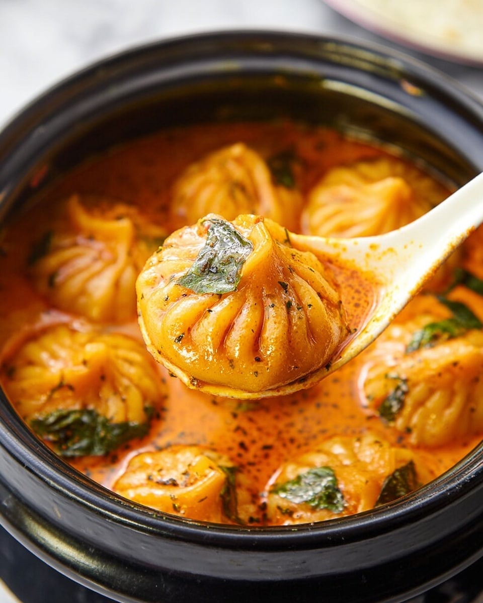 A close-up view of a black pot filled with several orange-colored dumplings or momos, each having a smooth, pleated texture with some green leaves placed on top for garnish. One dumpling is lifted by a white ceramic spoon, showing the glossy, saucy coating on it, with visible oil and herbs on the surface. The pot is set on a white marbled texture, and the dumplings inside are immersed in a thick, orange sauce with a slightly oily texture and some small bits of spices and greens throughout. The image highlights the rich, warm colors of the dish and the detailed texture of the dumplings. Photo taken with an iphone --ar 4:5 --v 7