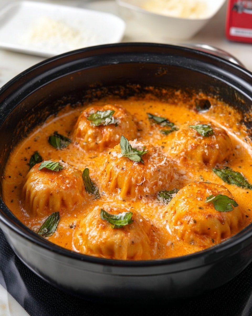 A black pot filled with a rich orange creamy sauce with several round, dumpling-like items partially submerged in the sauce. Each dumpling has a textured, ridged surface with a light brown color. Bright green leaves, likely herbs, are scattered evenly around and on top of the dumplings, adding contrast to the orange sauce. The sauce is thick and shiny, with small bits of grated cheese sprinkled over the top. In the blurry background, there are white plates and a container placed on a white marbled surface. photo taken with an iphone --ar 4:5 --v 7