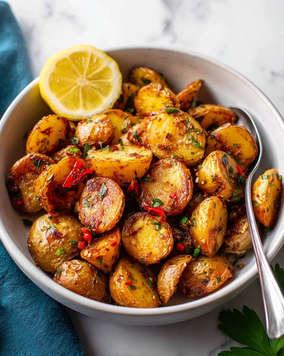 A bowl filled with one layer of roasted baby potatoes cut in halves, showing a crispy golden-brown and slightly charred texture with bits of green herbs and small red pepper pieces sprinkled throughout. On the top left edge of the bowl rests one bright yellow lemon wedge. A silver spoon is placed inside the bowl on the right side, angled outward. The bowl is white and set on a white marbled surface with a blurry green leaf in the background. photo taken with an iphone --ar 4:5 --v 7