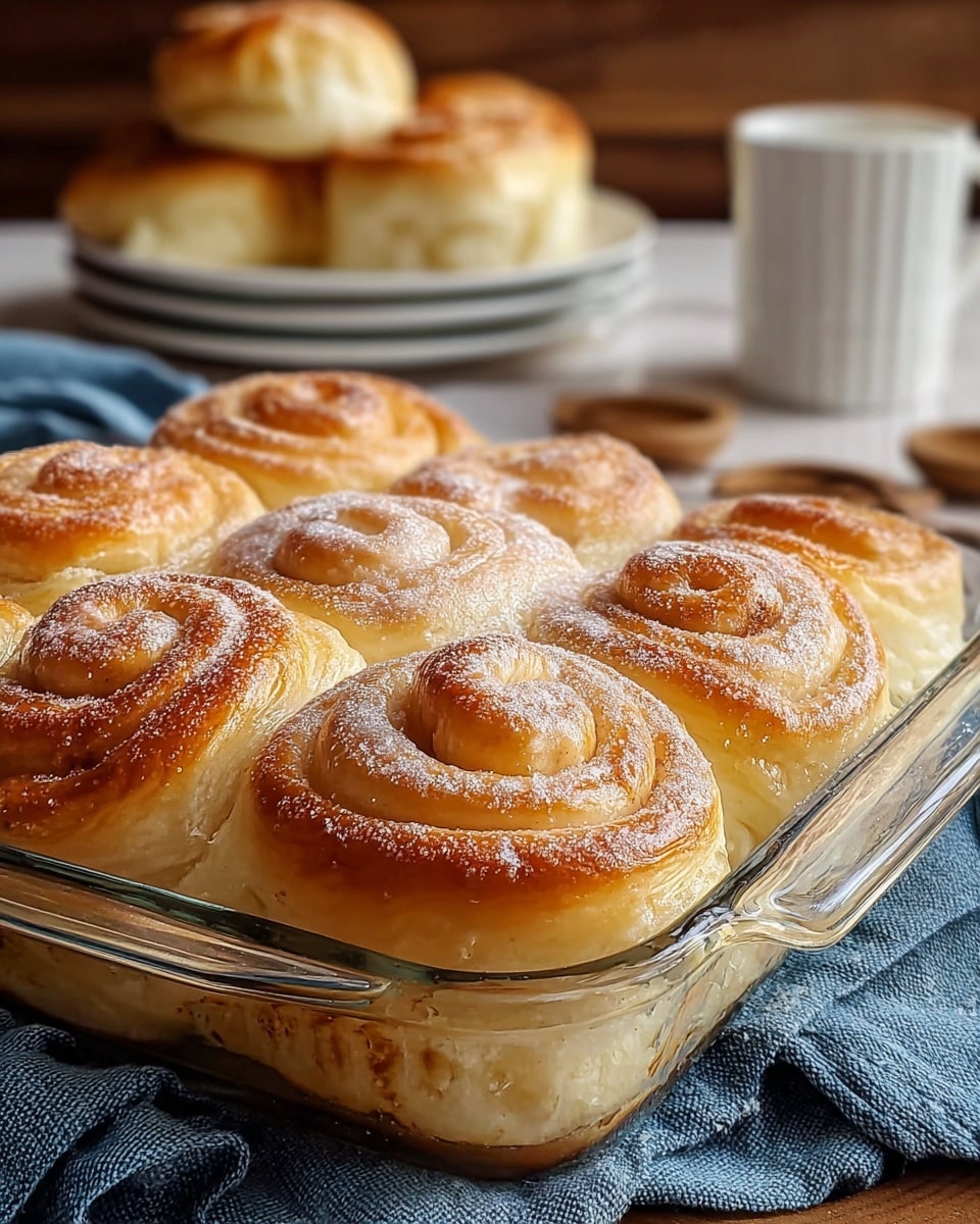 A glass baking dish sits on a navy blue cloth over a white marbled surface, filled with six golden brown spiral rolls arranged in two rows of three. Each roll shows layered, flaky dough with a shiny, slightly crisp top, dusted lightly with powdered sugar. The swirls reveal a soft, fluffy inside with a light cream color beneath the shiny crust. In the blurry background, stacked white plates hold more of the same rolls, adding depth to the warm, cozy setting. Photo taken with an iphone --ar 4:5 --v 7