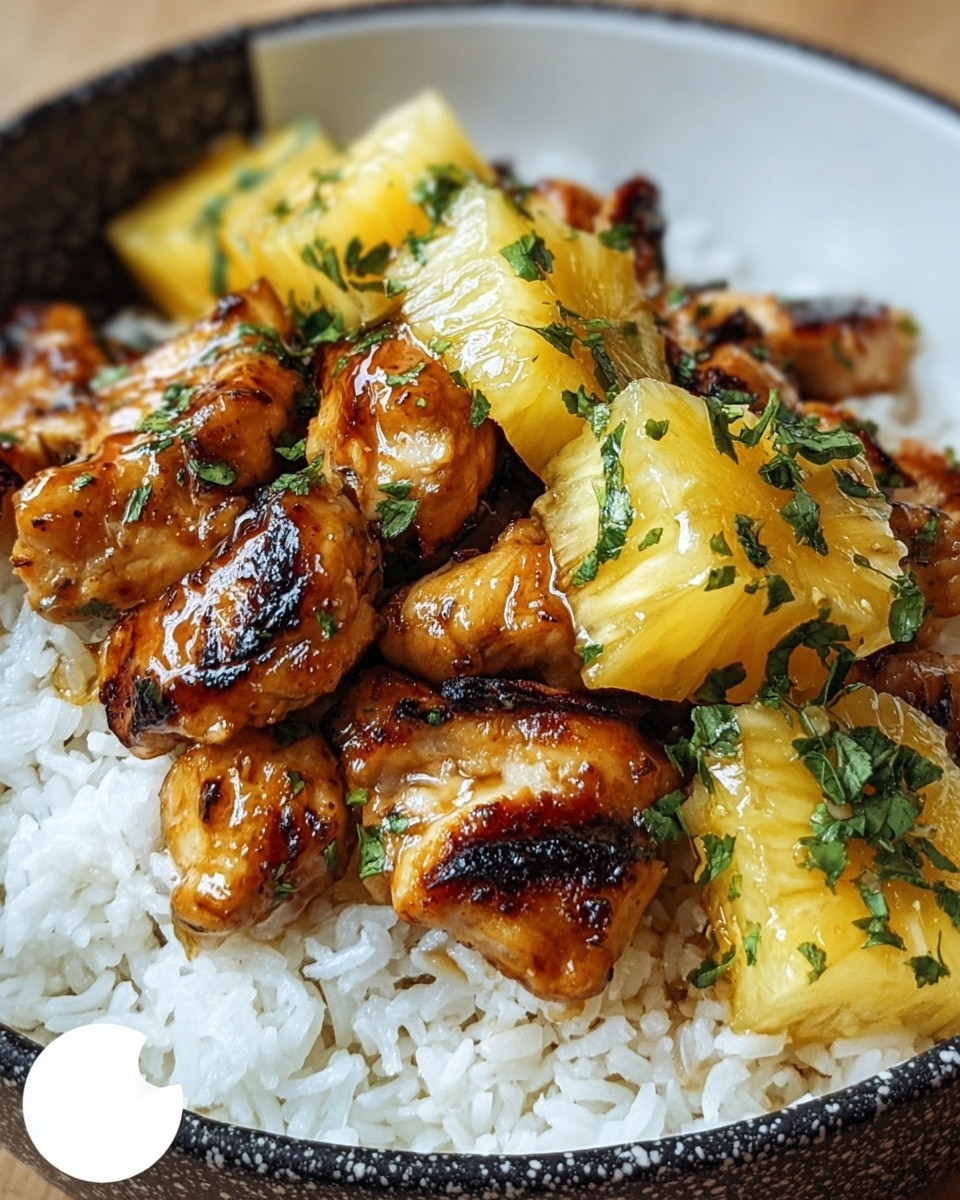 A close-up of a dish in a white bowl filled with soft white rice as the bottom layer, with browned, glazed chicken chunks scattered on top. The chicken pieces are covered in a shiny, dark orange sauce with slight grill marks. Bright yellow, glossy pineapple chunks are mixed evenly with the chicken, adding color contrast. The dish is sprinkled with small bits of bright green herbs for garnish. The bowl is placed on a white marbled surface with a hint of a green cloth beneath the bowl. photo taken with an iphone --ar 4:5 --v 7