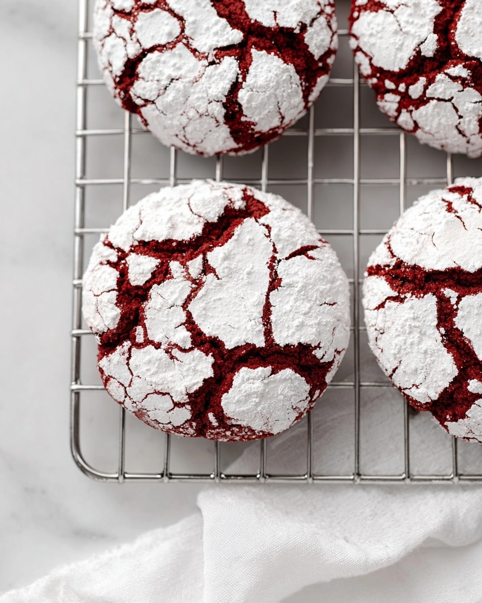 The image shows four round cookies on a cooling rack, each cookie having a cracked surface with a deep red base and a thick layer of white powdered sugar on top creating a cracked effect. The cookies are placed close to each other, and the metal rack grid is silver and visible underneath. The scene is set on a white marbled surface with a soft white cloth partially visible at the bottom. The texture of the cookies looks soft but slightly crisp on the cracks, and the powdered sugar layer is unevenly spread. photo taken with an iphone --ar 4:5 --v 7
