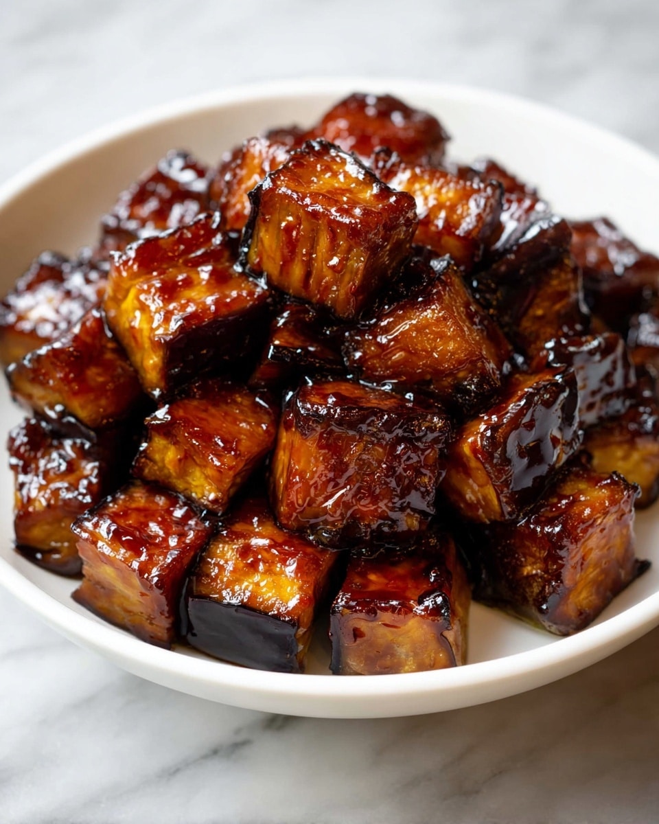 The image shows a white bowl filled with many glossy, caramelized eggplant cubes stacked loosely. Each cube has a rich dark brown outside with almost black edges and a soft yellowish-brown inside visible. The shiny sauce covers all the cubes, giving them a sticky and glazed look. The bowl sits on a white marbled surface, and the overall picture focuses closely on the textured, saucy eggplant cubes. photo taken with an iphone --ar 4:5 --v 7