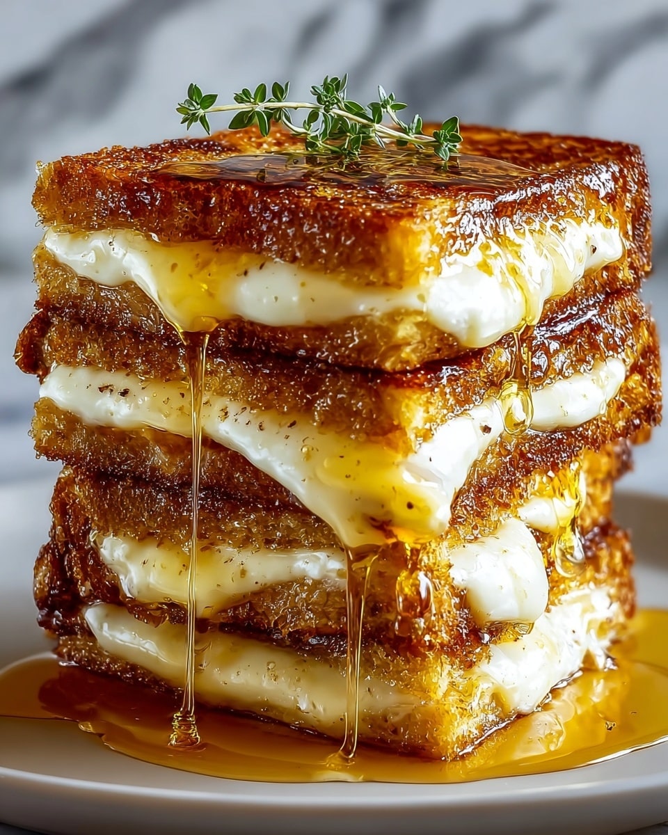 A stack of four thick, toasted sandwich layers with a golden brown, crispy texture on the outside, each layer filled with melted white cheese that is slightly oozing out. Honey syrup is being poured down the side, creating shiny golden streams that catch the light and pool at the bottom on a white plate. On top of the stack, there is a small sprig of fresh green herbs adding a touch of color. The background has a soft white marbled texture. photo taken with an iphone --ar 4:5 --v 7