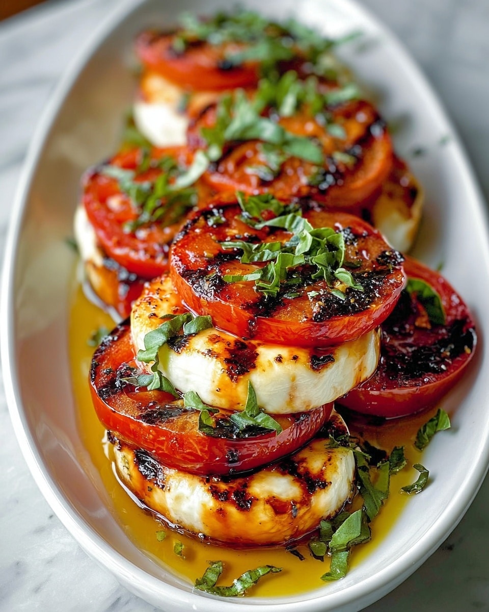 A white oval dish holds three stacks of grilled tomato and cheese slices arranged vertically. Each stack starts with a base of grilled tomato slices, bright red with charred black grill marks. Above each tomato layer lies a thick slice of melted, creamy white cheese also grilled with golden brown spots. The tomato and cheese layers alternate, topped with fresh chopped green herbs and whole basil leaves, with a glossy drizzle of olive oil pooling at the bottom. The dish is set on a white marbled surface. photo taken with an iphone --ar 4:5 --v 7