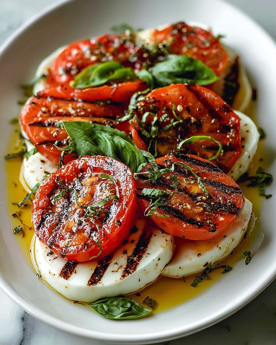 The dish shows three thick slices of white mozzarella cheese at the bottom, each with black grill marks and a smooth, soft texture. On top of the cheese, there are six grilled tomato halves with bright red skins and dark grill marks visible on their cut sides. The tomatoes and cheese are garnished with fresh green basil leaves scattered around and small herb pieces sprinkled over everything. The whole dish is served on a white plate with a glossy dressing or olive oil adding a shiny look. The background surface is a white marbled texture. photo taken with an iphone --ar 4:5 --v 7