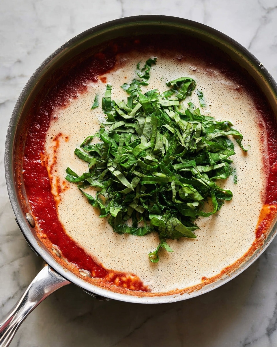 A close-up of a gray pan showing three main layers inside: the bottom layer is a deep red sauce with a slightly oily texture, the middle layer is a creamy beige frothy sauce that partly covers the red sauce, and the top layer is fresh bright green chopped spinach placed in the center. The pan has a shiny metal handle and rests on a white marbled surface. photo taken with an iphone --ar 4:5 --v 7