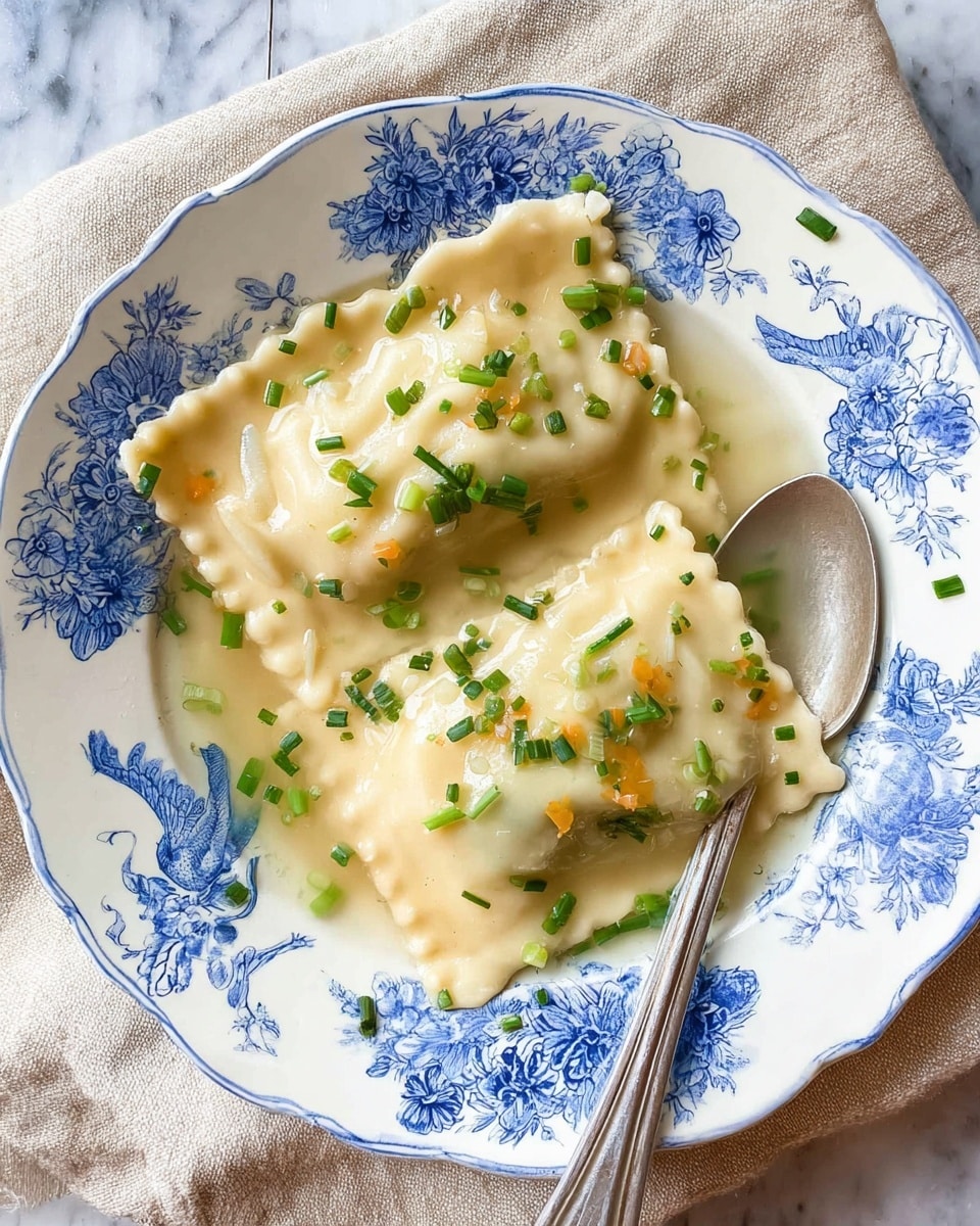Two light beige ravioli pieces sit side by side on a white plate with blue floral and bird patterns. Each ravioli has a soft, slightly glossy texture with folded edges that show a pinched pattern. Small green onion slices and chopped chives are sprinkled on top, adding bright green spots. A silver spoon rests on the right side of the plate, partially in a clear, light broth that surrounds the ravioli. The plate is placed on a beige cloth over a white marbled surface. photo taken with an iphone --ar 4:5 --v 7