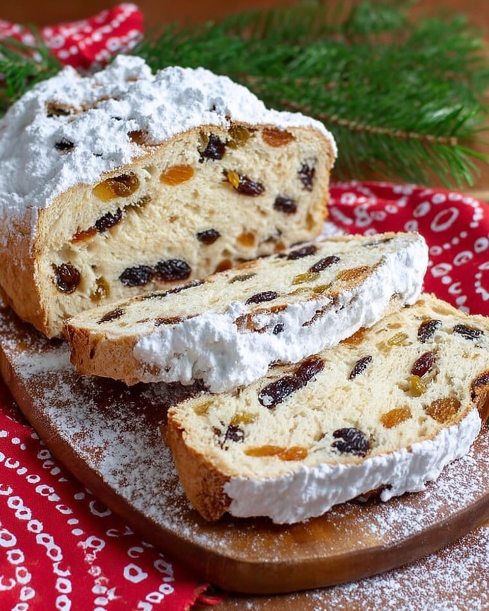 A loaf of fruit bread sliced into several pieces is shown on a wooden board over a white marbled texture. The bread has three visible layers in each slice: a pale beige doughy base with a soft texture, a middle layer filled with dark raisins and golden dried fruits, and a white powdered sugar-covered crust on top. The outside crust is dusted with a thick layer of powdered sugar creating a snowy look. There is a green pine branch placed next to the bread and a red cloth with white circular patterns underneath the wooden board. Photo taken with an iphone --ar 4:5 --v 7