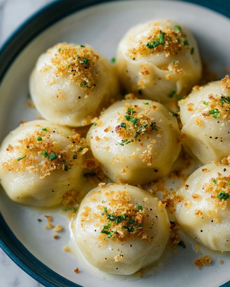 The image shows a close-up of seven round dumplings with a smooth, pale yellow skin arranged on a white plate. Each dumpling is topped with a light sprinkling of golden brown crispy crumbs and small green herb pieces scattered unevenly on top. The dumplings have a soft, slightly shiny texture with small flecks of black pepper visible on the surface. The white plate contrasts with the creamy color of the dumplings, and the background features a white marbled texture. photo taken with an iphone --ar 4:5 --v 7