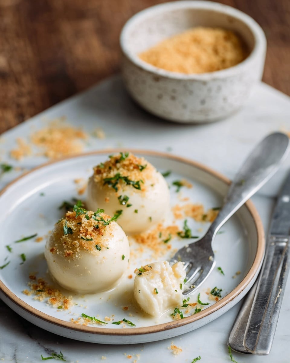 Two round, creamy white dumplings sit side by side on a small white plate with a smooth texture. Each dumpling is topped with a light golden crumb and small green herb pieces, adding a fresh look. A shiny fork and knife with gray handles rest on the right side of the plate, and the fork holds a small piece of one dumpling. In the background, there is a white speckled bowl filled with more golden crumbs and a white marbled surface beneath everything, enhancing the warm, cozy feel of the scene. Photo taken with an iphone --ar 4:5 --v 7