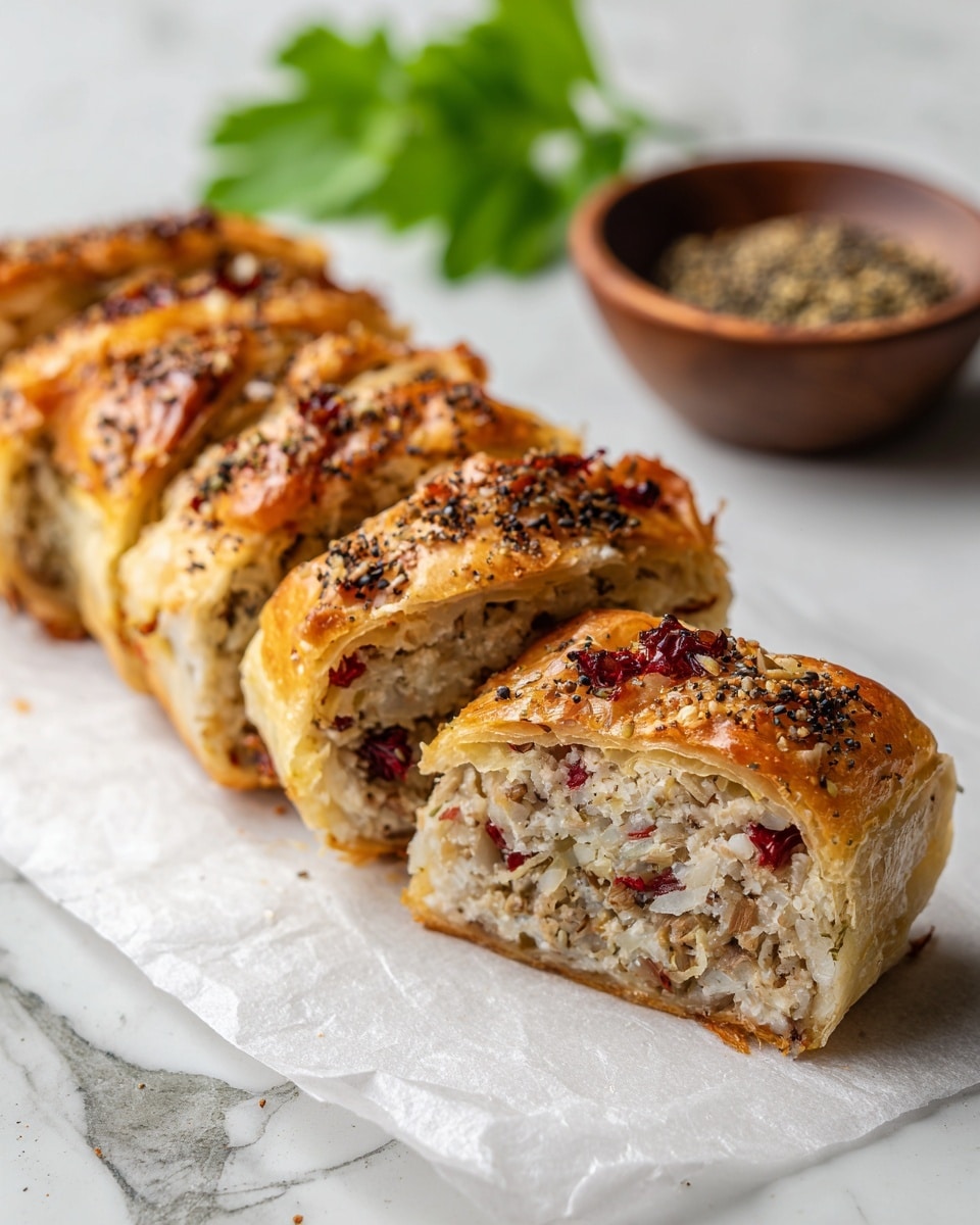 A close-up view of four slices of golden brown pastry rolls arranged in a diagonal line on a piece of white parchment paper, each slice showing three visible layers: a flaky outer crust with a shiny, slightly crispy texture topped with small dark seeds, a thick middle layer of light beige filling mixed with red bits and finely shredded ingredients, and the innermost layer blending into the filling, smooth and moist. In the background to the right, there is a small dark wooden bowl filled with caraway seeds and a halved light green vegetable, while to the left, a fresh bright green leaf adds a pop of color, all set on a clean white marbled surface. Photo taken with an iphone --ar 4:5 --v 7