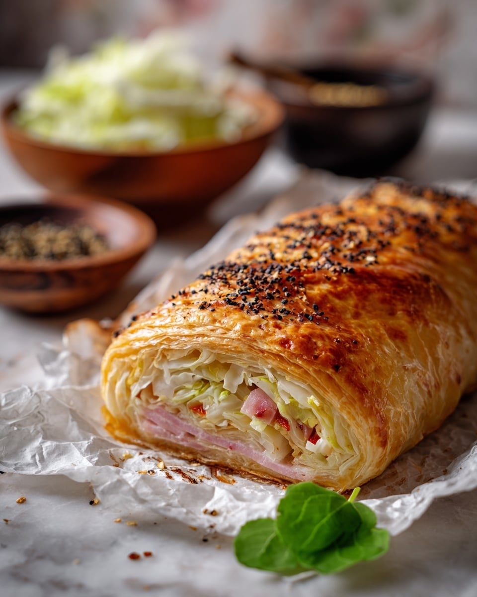 A golden brown pastry roll sits on crumpled white parchment paper, topped with sprinkled dark caraway seeds and a fresh green leaf for garnish. The pastry crust is flaky and shiny, showing layers of crisp surface. Inside, there are visible layers of finely shredded pale cabbage mixed with small bits of pink ham and red bell pepper, giving a mix of soft textures and mild colors. In the background, a white marbled texture surface holds a wooden bowl filled with shredded cabbage and a dark bowl with seeds, softly blurred. photo taken with an iphone --ar 4:5 --v 7