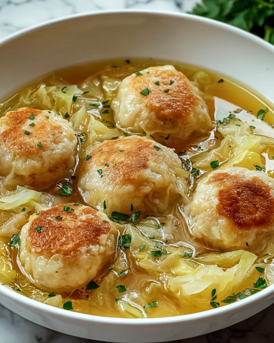 A white bowl filled with a clear, golden broth containing round, light brown dumplings with a slightly crispy, browned top surface. The dumplings sit evenly spaced in the soup, surrounded by soft, shredded pale yellow cabbage pieces. Small sprinkles of chopped green herbs float gently on the dumplings and in the broth. The background shows a blurred white marbled texture with hints of green foliage. photo taken with an iphone --ar 4:5 --v 7