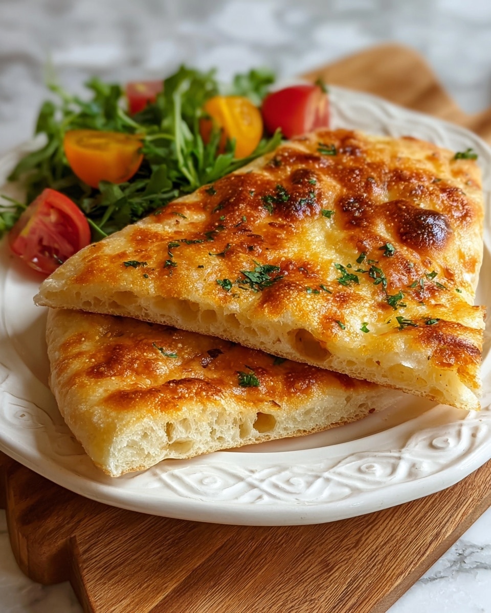 Two triangular slices of golden-brown flatbread are stacked on a white plate with ornate edges. The flatbread has a crispy, slightly bubbly surface with herbs sprinkled on top, giving spots of green across the warm yellow crust. The inside shows a soft, airy texture with small holes visible in the layers. On the side, there is a small salad made of bright red and yellow tomato wedges and fresh green leafy herbs, adding a fresh contrast. The plate is placed on a wooden board, all set against a white marbled surface. photo taken with an iphone --ar 4:5 --v 7