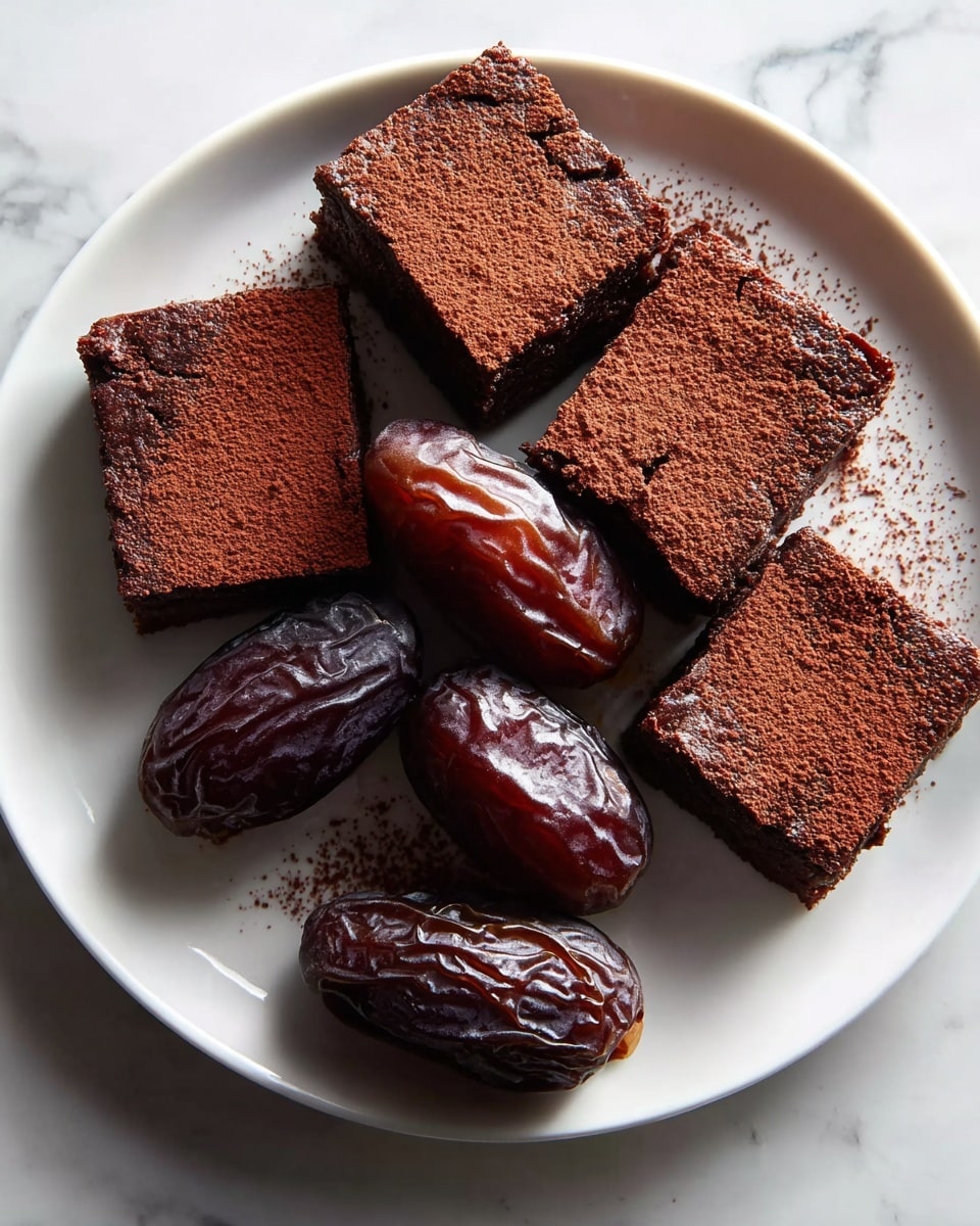 A white plate holds a stack of five dark brown, moist, and dense brownies arranged in a pyramid shape, each piece showing a slightly crumbly texture on the edges with a smooth surface on the cut sides. Two glossy, caramel-colored dates rest in front of the brownies on the plate. In the background, there is a small white bowl filled with more dates, and a white cup with a reddish-brown liquid inside, all set on a white marbled surface. The image is taken close up with soft natural light focusing on the brownies' rich texture. photo taken with an iphone --ar 4:5 --v 7