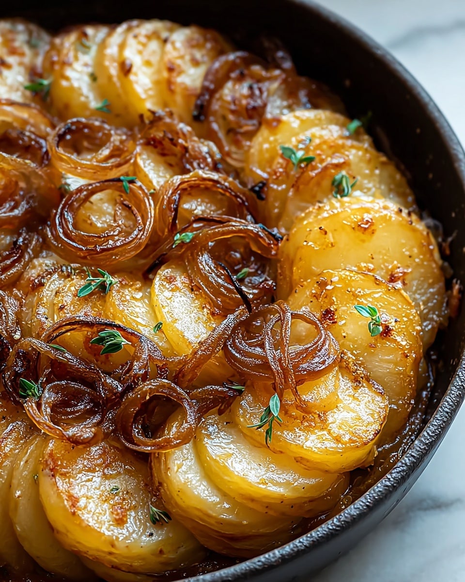 A close-up view of a round dish filled with multiple layers of golden-brown cooked potato slices arranged in a circular pattern, each slice tender and slightly translucent with caramelized edges. Thin, soft caramelized onion strands are placed between and on top of the potato layers, adding a rich, brownish color and texture. Small green herb leaves are sprinkled over the top, providing a fresh contrast to the warm colors. The dish sits against a white marbled texture background, highlighting the glossy and lightly peppered surface of the potatoes. photo taken with an iphone --ar 4:5 --v 7