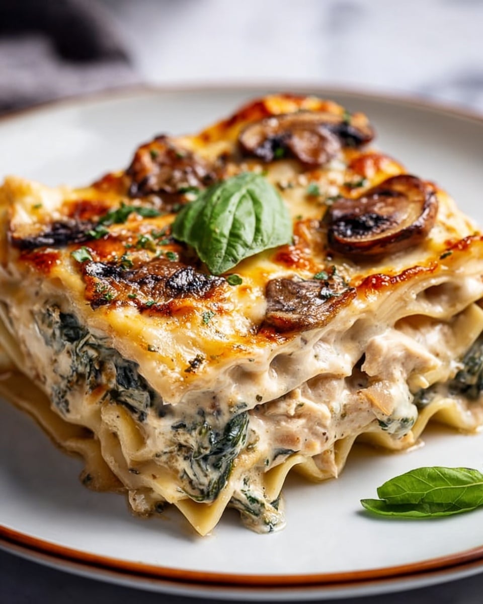 A close-up view of a square piece of lasagna served on a white plate with a thin brown rim, placed on a white marbled surface. The lasagna has three visible layers of pasta sheets with a creamy, light beige sauce mixed with pieces of cooked spinach and chunks of chicken in the middle layer. The top layer is golden brown melted cheese with several browned mushroom slices and some green herbs sprinkled on top, creating a textured, rich look. A single fresh green basil leaf rests on the top center. Photo taken with an iphone --ar 4:5 --v 7