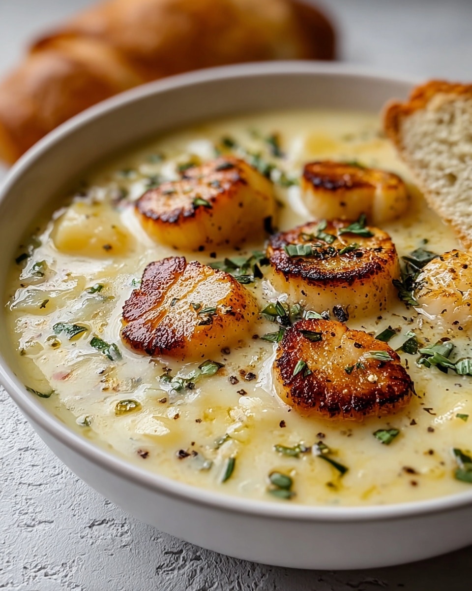 A white bowl filled with a creamy soup base that is pale yellow in color, topped with one layer of golden brown, pan-seared scallops that show a crispy texture. The scallops are sprinkled with small green herb leaves and black pepper. In the background, a piece of light brown bread rests on the edge of the bowl. The bowl is placed on a white marbled textured surface. photo taken with an iphone --ar 4:5 --v 7