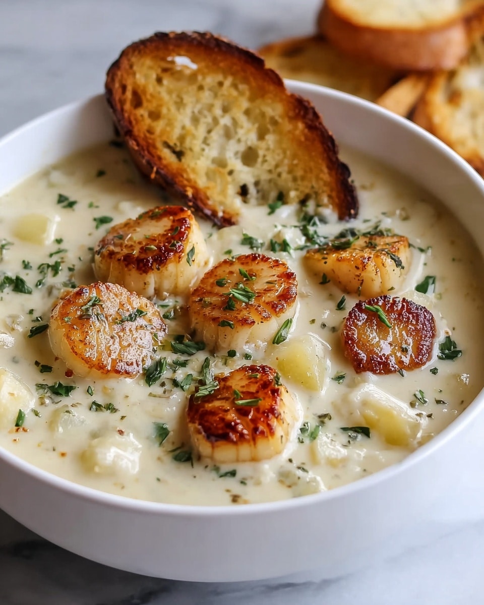 A close-up image of a bowl filled with creamy white soup that has small soft chunks of potato visible throughout. On top, there are seven dark golden-brown seared scallops arranged with some fresh green herbs sprinkled over them, adding a touch of color. A slice of toasted bread with a slightly crunchy texture is placed inside the bowl, resting on the side. The bowl itself is white, sitting on a surface with a white marbled texture. In the background, more pieces of toasted bread are softly out of focus. Photo taken with an iphone --ar 4:5 --v 7