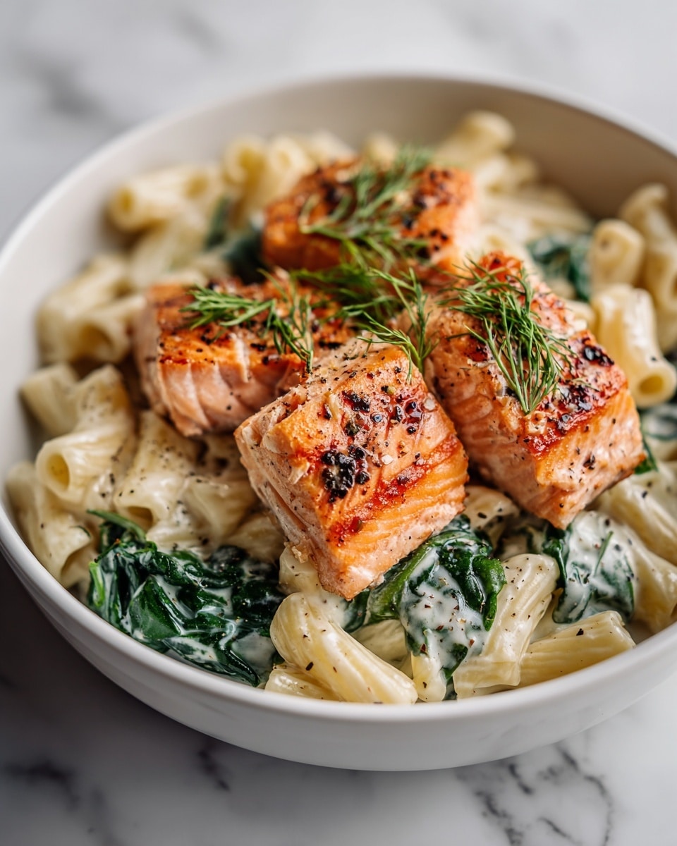 This dish shows three pieces of cooked salmon on top of rigatoni pasta. The salmon pieces are light orange with a grilled texture and small black pepper flakes on them, each garnished with fresh green dill. The rigatoni pasta underneath is creamy and white, coated in a thick sauce and sprinkled with herbs and pepper. Mixed in with the pasta are dark green spinach leaves that look slightly cooked and soft. All the food is placed inside a white bowl, set on a white marbled surface. photo taken with an iphone --ar 4:5 --v 7