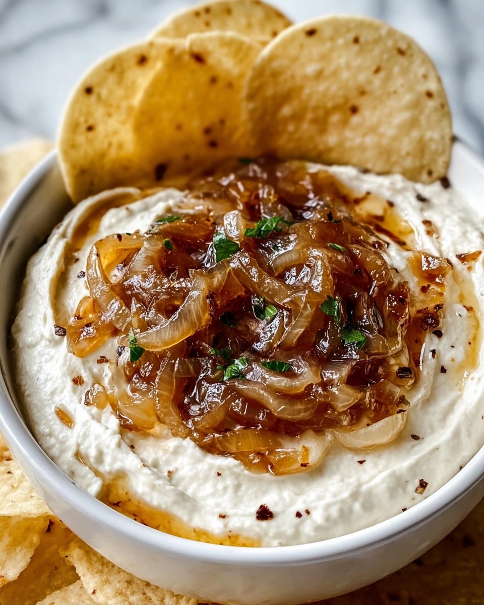 The image shows a close-up of a white bowl filled with two layers: the bottom layer is a creamy white spread with a smooth texture and small swirls, topped with a thick layer of caramelized onions that are shiny, light brown with dark specks of seasoning, and small green herb pieces scattered on top; on the upper left side of the bowl, several round, light beige tortilla chips lean against the spread. The bowl sits on a white marbled surface. Photo taken with an iphone --ar 4:5 --v 7