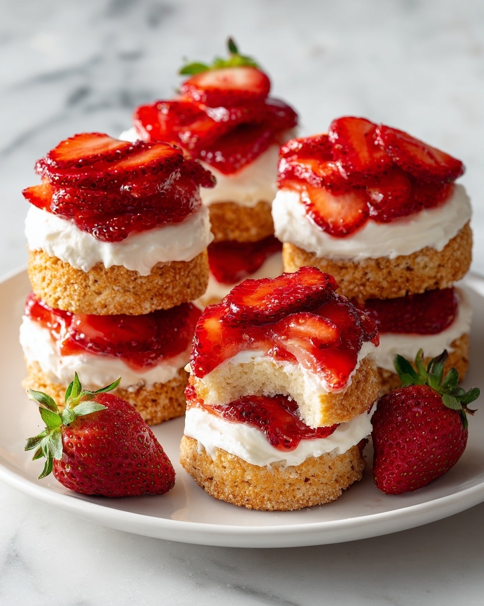 The image shows a close-up of five round strawberry shortcakes on a white plate, each with three visible layers: a golden-brown crumbly cookie base, a thick smooth white cream layer spread on top, and slices of bright red glossy strawberries coated with a shiny red glaze arranged on the cream. One shortcake in the center has a bite revealing the inside, showing fresh strawberries embedded in the soft cake layer. Surrounding the shortcakes are three whole fresh strawberries with green tops, adding a natural touch. The plate sits on a white marbled texture, enhancing the fresh and inviting look of the dessert. photo taken with an iphone --ar 4:5 --v 7