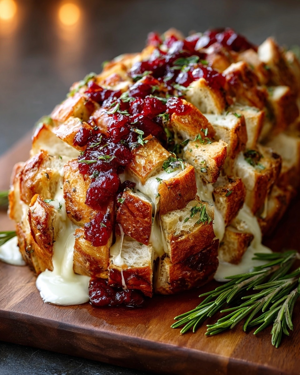 A golden-brown pull-apart bread with crispy crust, cut deeply into a grid pattern forming many chunky layers, filled generously with melted gooey white cheese flowing out between the bread pieces, topped with bright red cranberry sauce and sprinkled with fresh green herbs, all resting on a wooden board with fresh rosemary sprigs on the side, placed against a blurred background. photo taken with an iphone --ar 4:5 --v 7