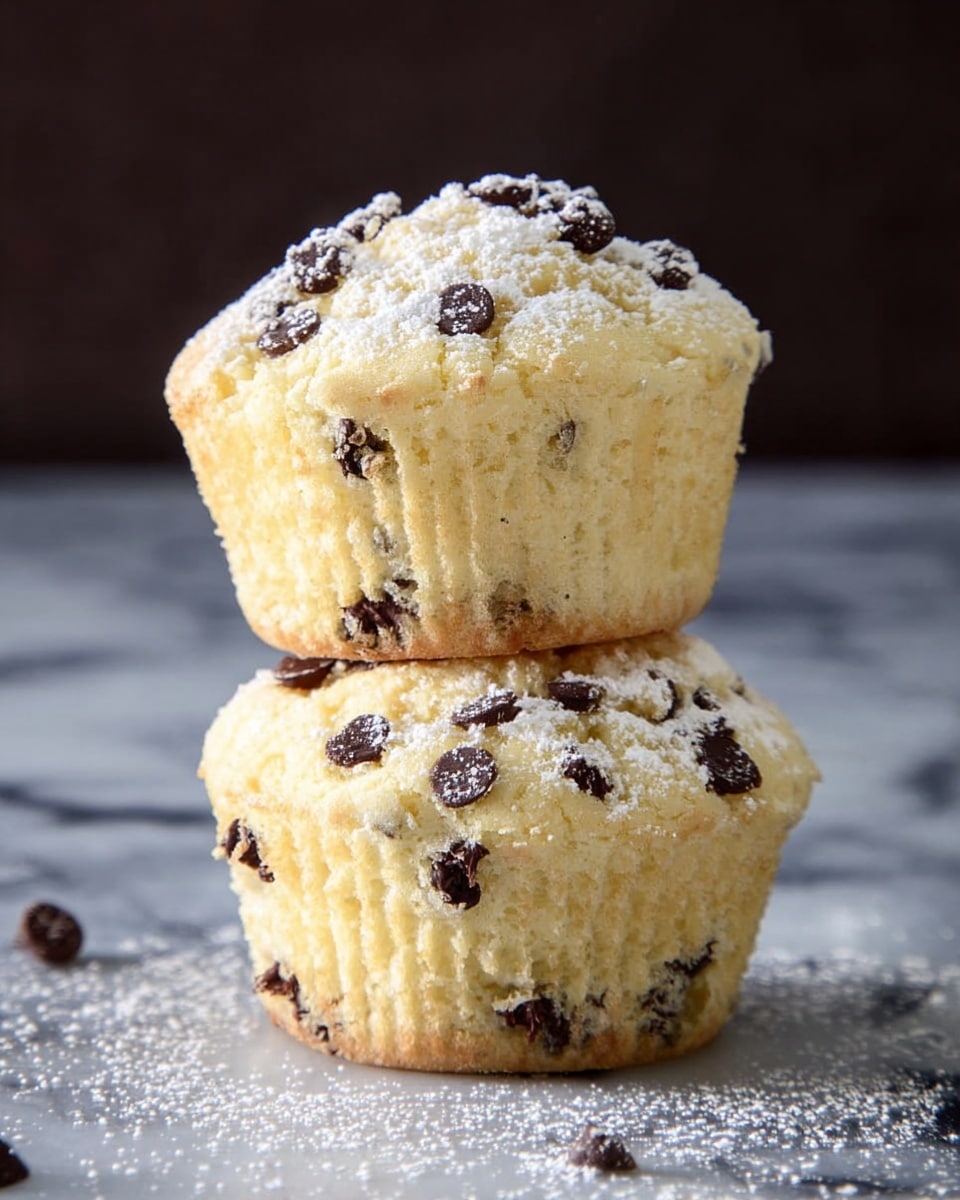 Two light yellow muffins with chocolate chips are stacked on top of each other on a white marbled surface. Both muffins have a soft, crumbly texture with small ridges from the paper liners. The top muffin is tilted slightly, resting on the bottom muffin. Powdered sugar is sprinkled over the muffins and scattered around them, adding a hint of white dustiness against the chocolate bits. The background is dark, making the muffins the main focus. photo taken with an iphone --ar 4:5 --v 7