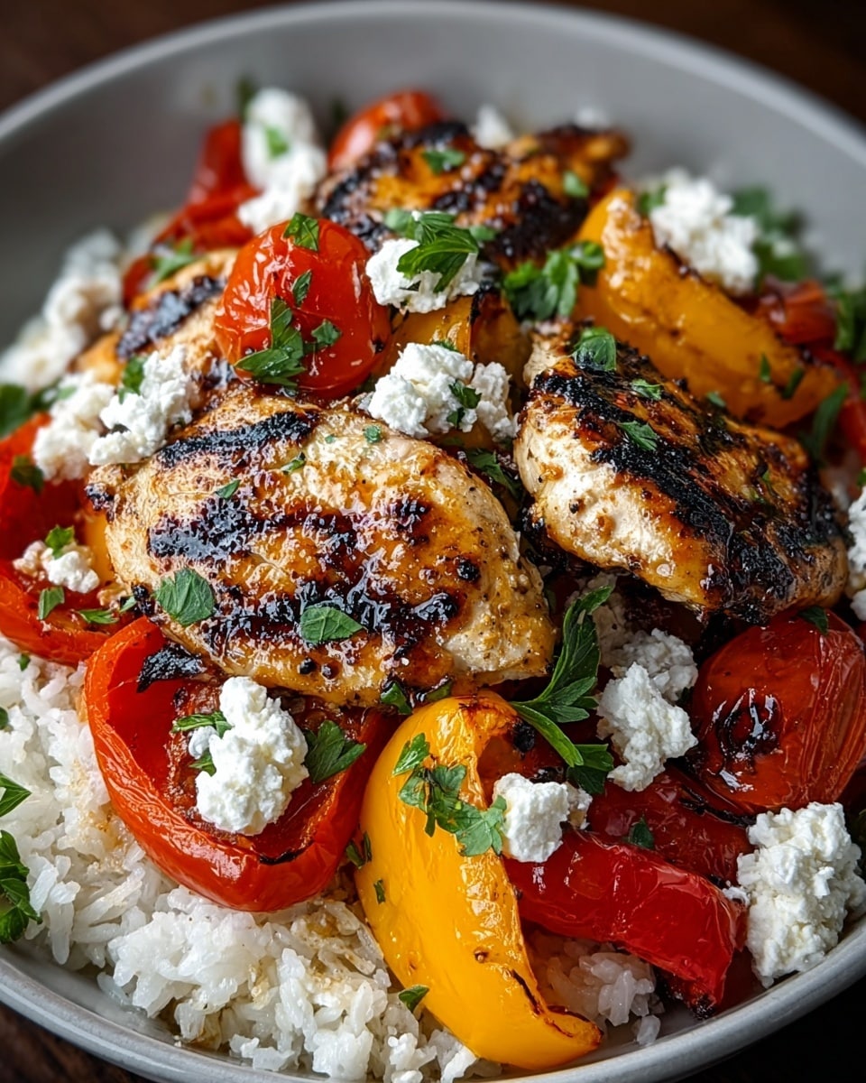The dish shows three grilled chicken pieces with charred marks, placed on a base layer of white rice that fills the bottom of a white bowl. Around and under the chicken, there are slices of roasted red and yellow bell peppers and cherry tomatoes, all with a slightly shiny, cooked texture. Scattered on top are small chunks of white cheese and sprinkled bright green parsley leaves adding fresh color. The overall look is warm and inviting with a mix of soft, juicy, and crumbly textures. Photo taken with an iphone --ar 4:5 --v 7