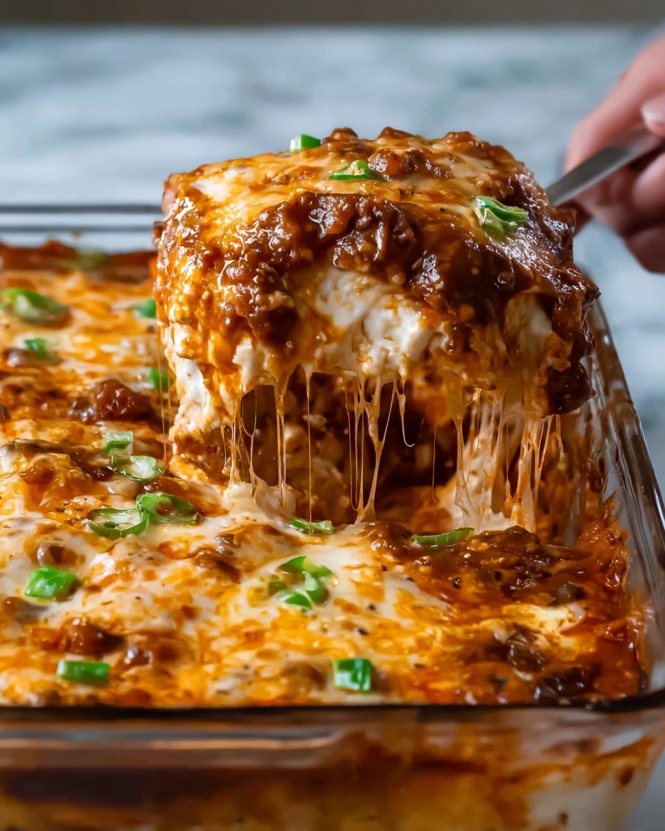 The image shows a close-up of a cheesy baked dish in a clear glass baking dish placed on a white marbled surface. The dish has multiple layers starting with a base that appears creamy and smooth in off-white, topped with a thick, rich layer of dark brown sauce mixed with melted cheese. The top layer is generously covered with gooey, golden-brown melted cheese stretching as a scoop is being lifted by a woman's hand from the dish. Small pieces of green chopped peppers or herbs are scattered on the top, adding contrast to the warm brown and orange tones of the cheese and sauce. photo taken with an iphone --ar 4:5 --v 7