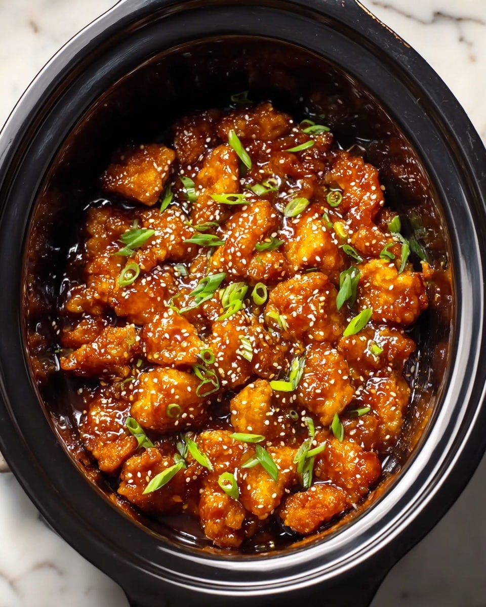 The image shows a black slow cooker filled with many small pieces of crispy fried chicken coated in a shiny, thick, dark orange-brown sauce. The chicken pieces are tightly packed and topped with small green slices of scallions and sprinkled white sesame seeds, adding fresh green and light textures on top. The sauce gives the dish a sticky and glossy look, and the slow cooker sits on a white marbled surface. photo taken with an iphone --ar 4:5 --v 7