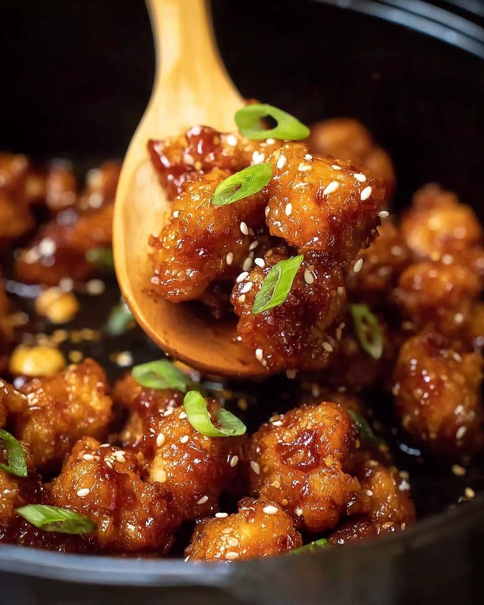 This image shows golden brown, crispy small chicken pieces coated in a shiny sticky glaze, with a few bright green sliced scallions sprinkled on top and white sesame seeds scattered across. The chicken pieces have a rough, crunchy texture and are being lifted by a wooden spoon from a black cooking pan filled with more glazed chicken pieces underneath. The background is blurred dark with no other objects visible. photo taken with an iphone --ar 4:5 --v 7