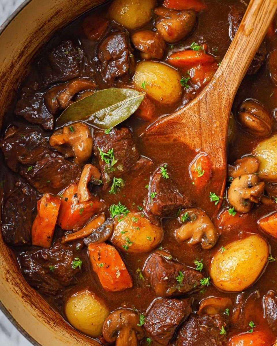 A close-up view of a rich beef stew filled with thick chunks of dark brown beef, golden yellow small potatoes cut in halves, orange carrot slices, and light brown mushroom pieces. The stew is covered in a glossy, thick brown sauce that looks savory and moist. Small green parsley leaves are sprinkled on top for color, and a single large bay leaf lies among the ingredients. A wooden spoon with a smooth, light brown texture is partially dipped into the stew from the right side. The pot holding the stew has a slightly worn, beige interior, and the background features a white marbled texture. photo taken with an iphone --ar 4:5 --v 7
