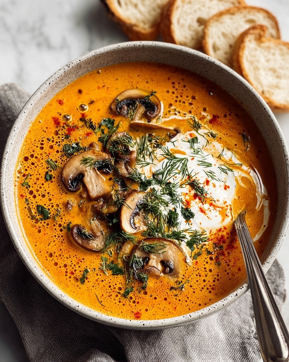 A bowl of rich orange creamy soup fills most of the frame, topped with sliced browned mushrooms scattered around. In the center, a swirl of white sour cream or yogurt sits with fresh green dill and finely chopped herbs sprinkled on top along with a dash of red spices. The soup has a smooth texture with small bubbles on the surface. A shiny silver spoon leans into the right side of the bowl. The bowl is speckled gray and rests on a soft gray cloth, set on a white marbled surface. Around the bowl, pieces of sliced light brown crusty bread are arranged in soft focus. Photo taken with an iphone --ar 4:5 --v 7