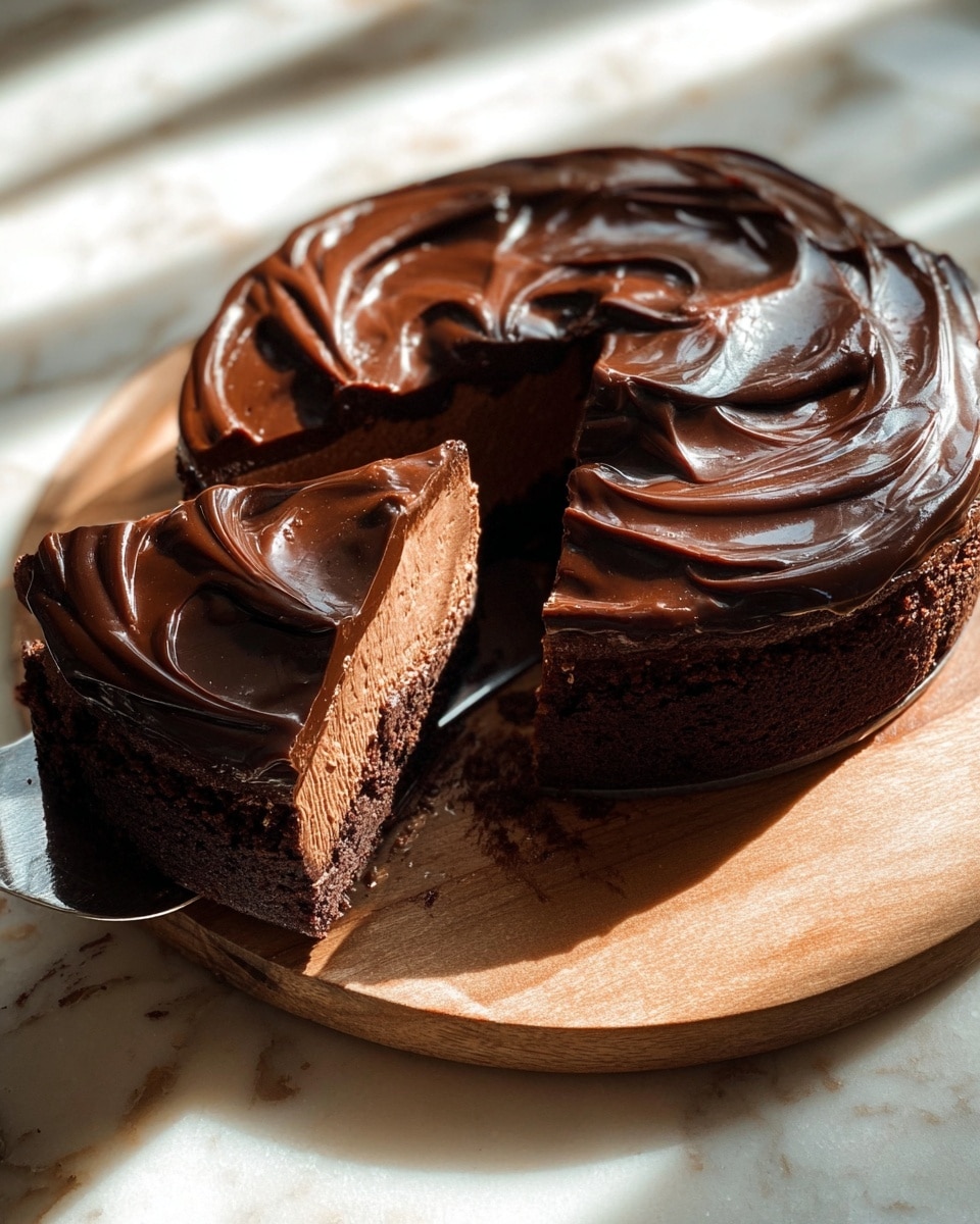 A rich chocolate cake is shown on a round wooden board over a white marbled texture. The cake has two layers: a dark brown, moist chocolate base layer, and a thick, creamy chocolate mousse layer on top. The cake is finished with a thick layer of glossy, dark chocolate ganache spread smoothly with visible swirls and waves. A slice is cut out and lifted by a silver knife, showing the soft textures inside. Sunlight highlights the shiny ganache and creates soft shadows around the cake. photo taken with an iphone --ar 4:5 --v 7