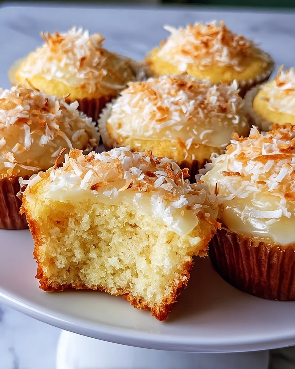 A close-up of seven golden brown coconut cupcakes arranged on a white plate over a white marbled texture. Each cupcake has one layer of moist, light yellow cake with a slightly crumbly texture. On top of each cake is a creamy, shiny layer of pale yellow icing. The icing is covered with toasted, shredded coconut flakes that add texture and a light brown accent. One cupcake is cut in half in the front, showing the airy inside of the cake contrasted with the crispy toasted edges and coconut topping. Photo taken with an iphone --ar 4:5 --v 7
