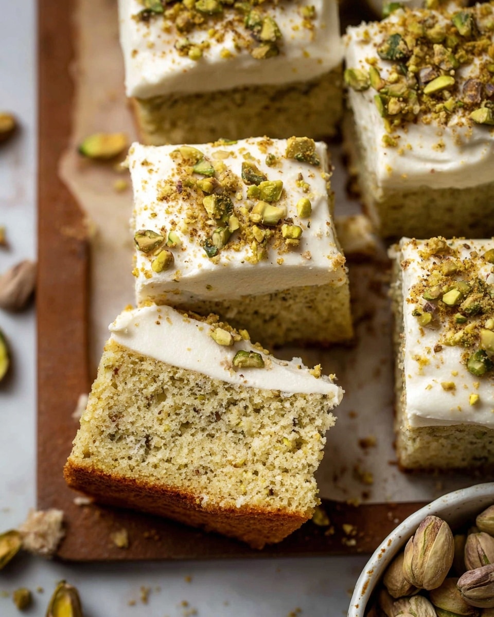 The image shows square pieces of pistachio cake with two main layers: a thick, light greenish-brown cake base textured with fine bits of pistachio nuts, and a smooth, creamy white frosting layer on top sprinkled lightly with crushed pistachio pieces and a dusting of light brown powder. The cake pieces are placed closely on a baking tray that sits on a white marbled surface. To the side, part of a white bowl filled with whole pistachios is visible. One piece has a small bite taken from it, showing the soft and moist texture inside. photo taken with an iphone --ar 4:5 --v 7