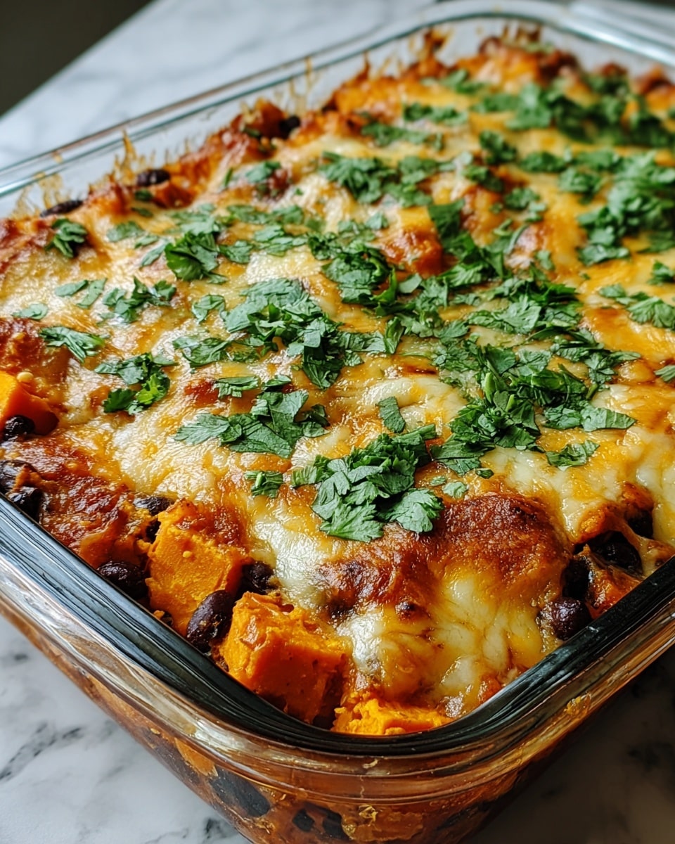 This image shows a close-up of a baked casserole in a clear glass dish. The casserole has at least three visible layers: the bottom layer is made of chunky orange sweet potato pieces mixed with black beans; the middle layer is covered in melted, slightly browned cheese that has a bubbly and smooth texture; and the top layer is sprinkled with bright green chopped fresh cilantro spread evenly over the cheesy surface. The dish sits on a white marbled surface. photo taken with an iphone --ar 4:5 --v 7
