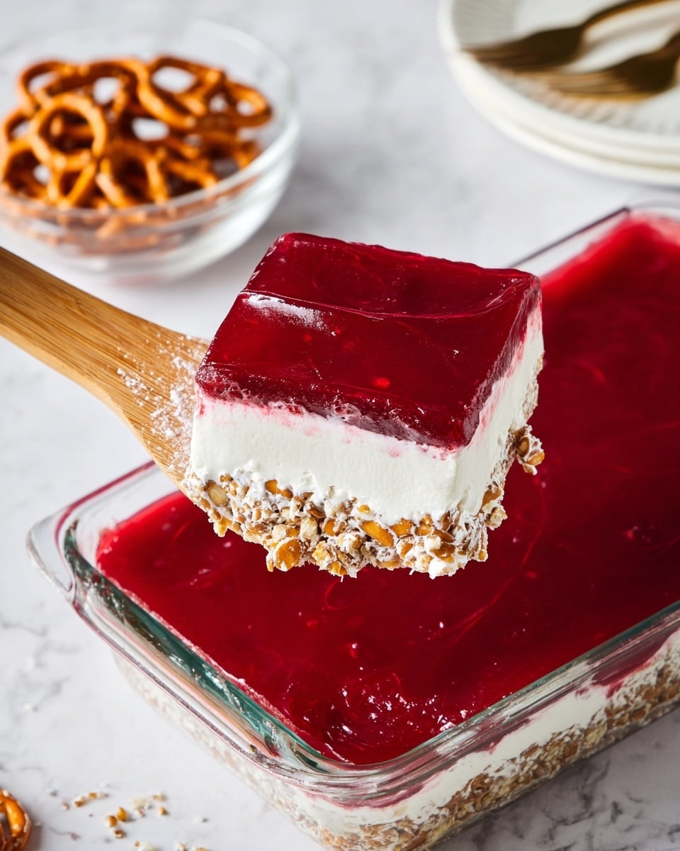 A square glass dish holds a dessert with three visible layers. The bottom layer is a crunchy, crumbly mix of crushed pretzels, light brown and textured with small chunks. The middle layer is thick, fluffy, and white, resembling whipped cream or a light mousse. The top layer is a smooth, shiny deep red jelly, evenly spread across the dessert. A wooden spatula lifts a square piece showing all three layers clearly. The background is a white marbled surface, with a white plate holding forks and a clear bowl of pretzels partially visible. Photo taken with an iphone --ar 4:5 --v 7